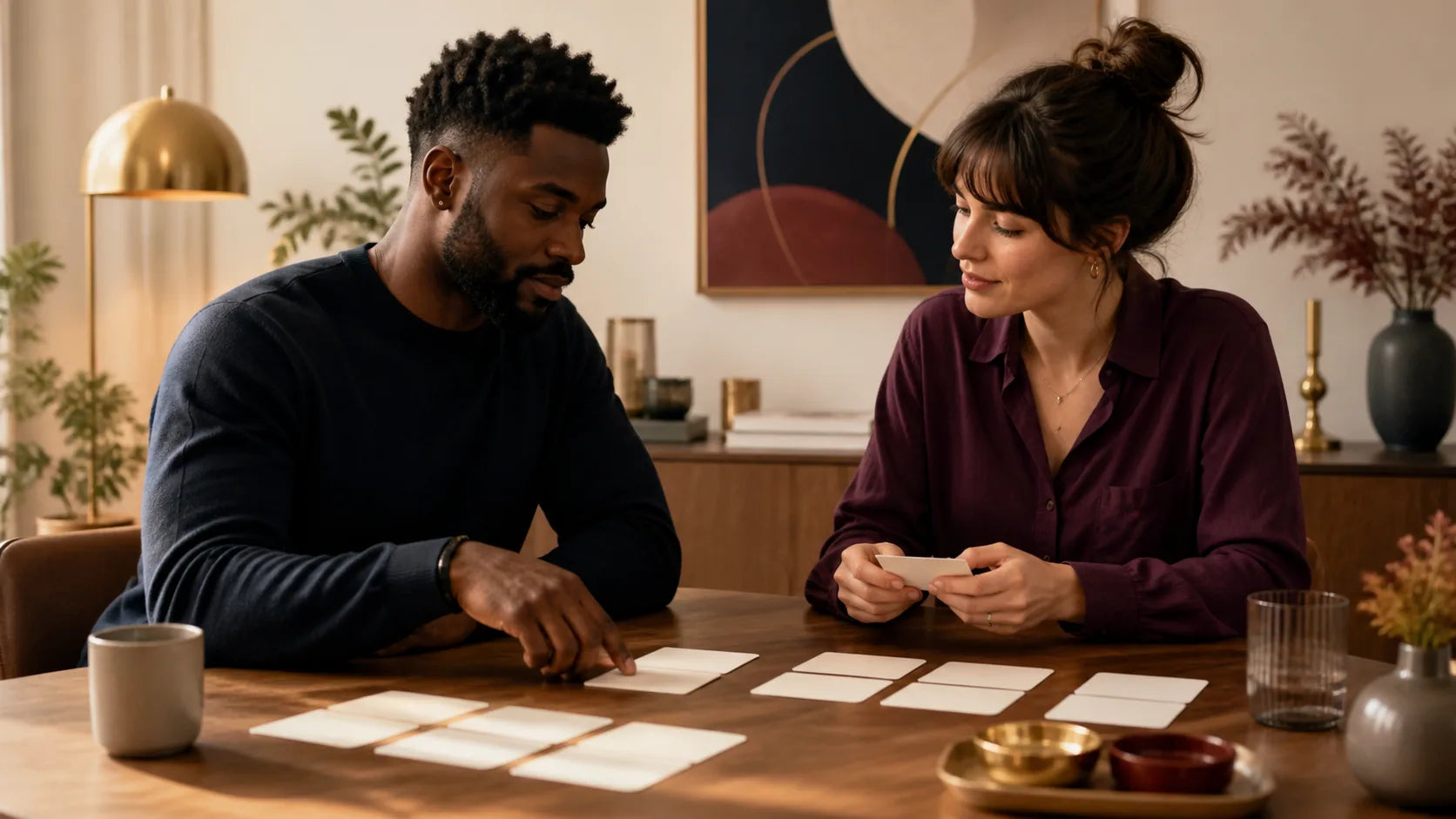 Two fully clothed adults arranging different preference cards together at a calm table