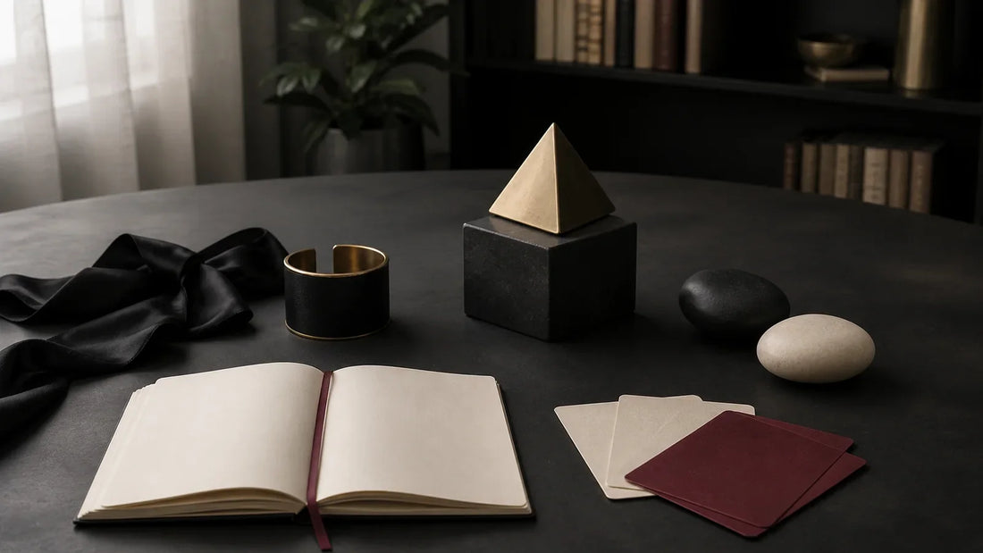 Editorial still life with silk, geometric forms, stones, blank cards and a notebook representing BDSM categories and consent