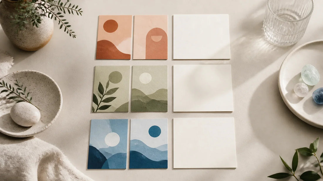 Six abstract paper tiles arranged as three pairs beside blank consent cards on a calm editorial tabletop