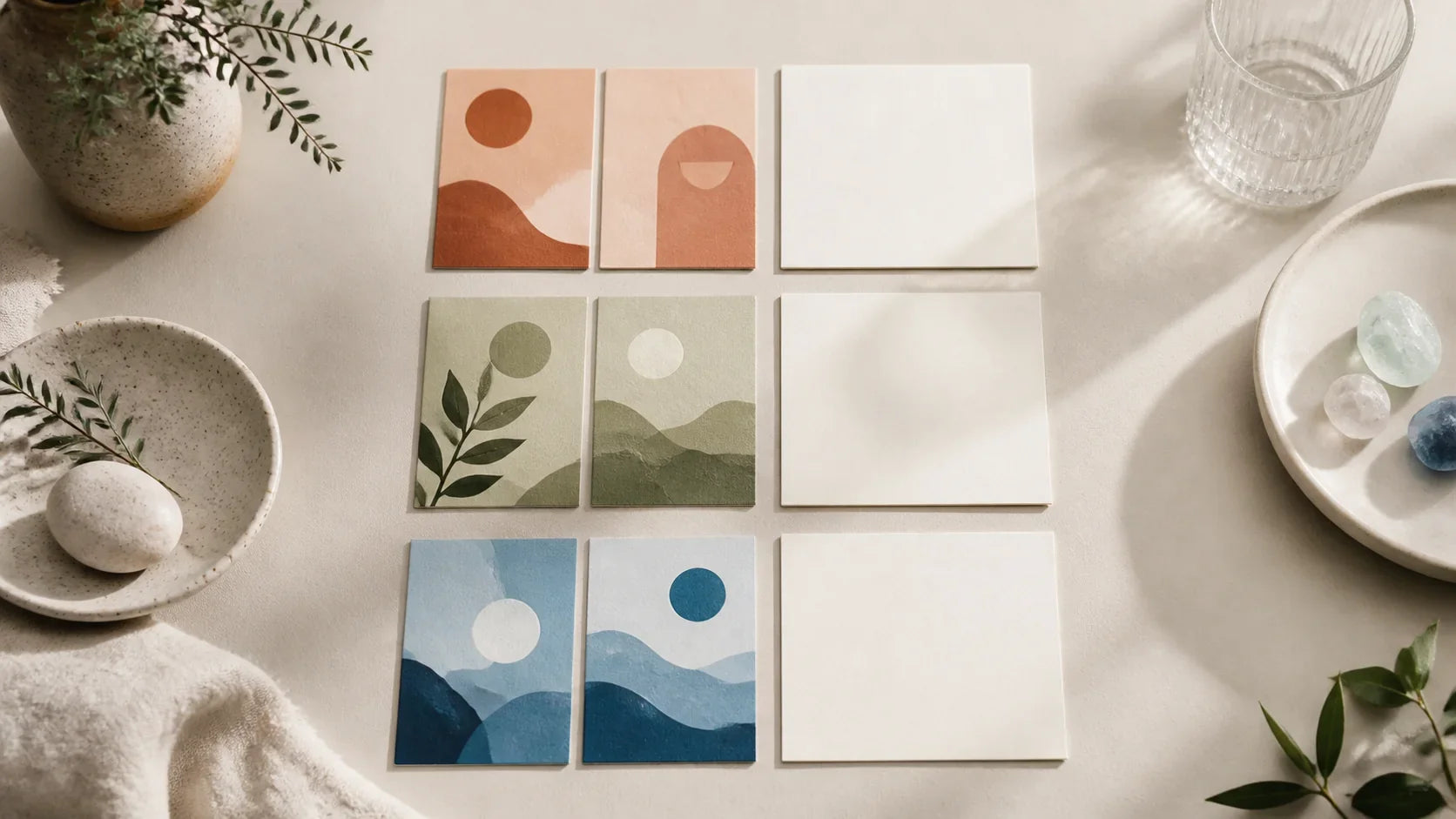 Six abstract paper tiles arranged as three pairs beside blank consent cards on a calm editorial tabletop