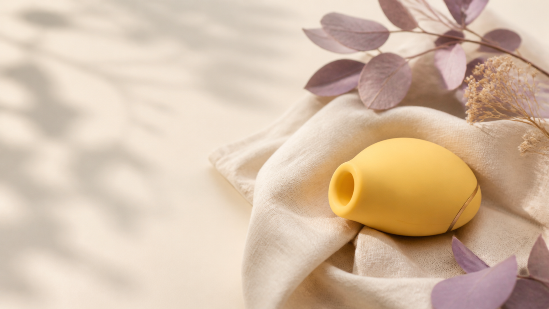 Unbranded yellow external air-pulse device on ivory linen with muted botanical accents.