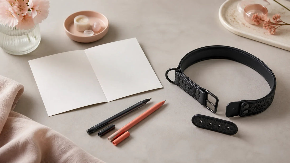 Open black adult collar beside a blank planning card and two pens on a neutral blush tabletop