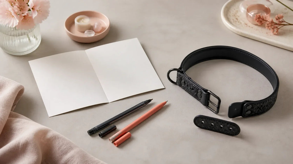 Open black adult collar beside a blank planning card and two pens on a neutral blush tabletop