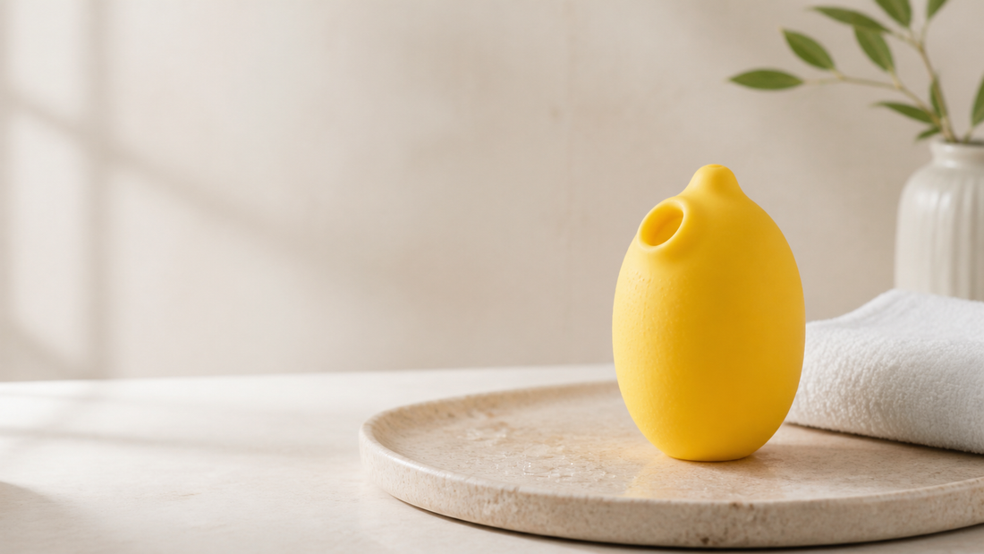 Unbranded yellow lemon-shaped external wellness device on a dry pale stone tray beside a folded white towel.
