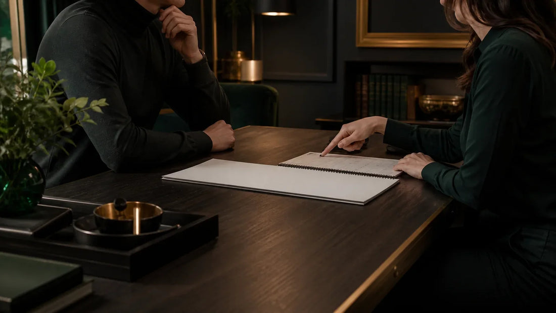 Two fully clothed adults jointly reviewing a blank agreement and calendar for a negotiated Master BDSM role