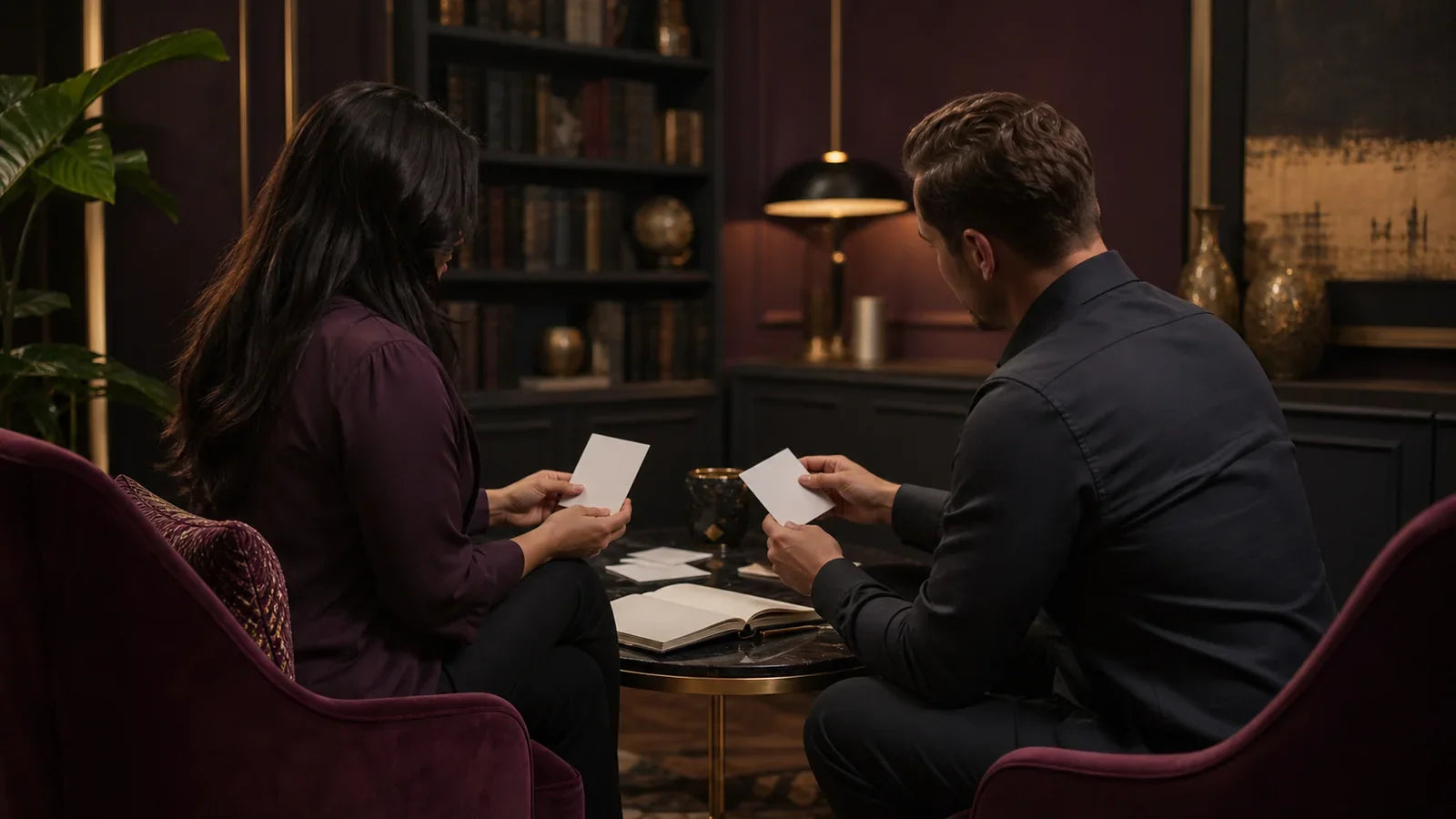 Two fully clothed adults reviewing blank boundary cards for a negotiated Mistress BDSM role