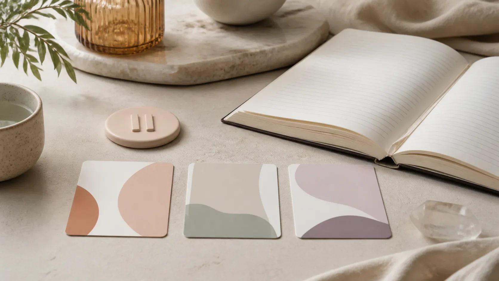Three neutral preference cards beside a pause token and an open boundary notebook on a calm editorial tabletop