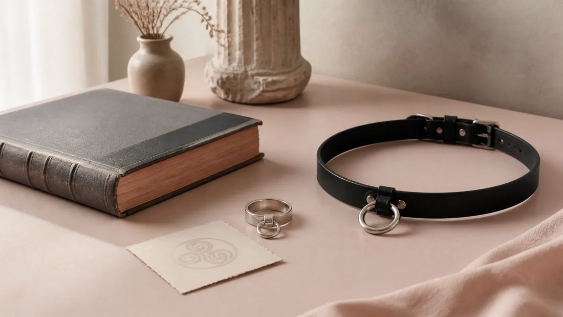 Vintage book, movable-loop silver ring, triskelion-inspired card and loose O-ring adult collar on a blush tabletop