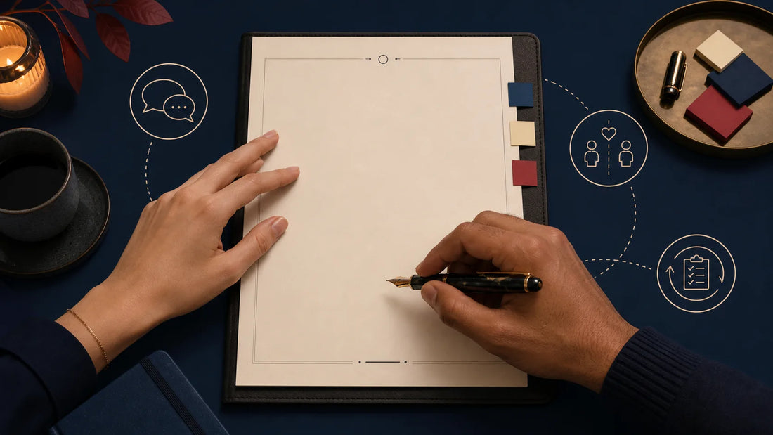 Two adults reviewing a blank planning document with communication and boundary icons