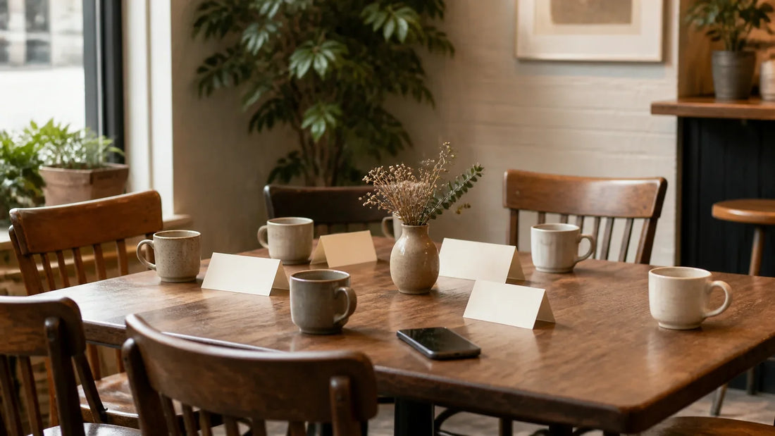 Neutral caf茅 table with empty chairs, blank name cards and a phone placed face down to represent a private social meetup