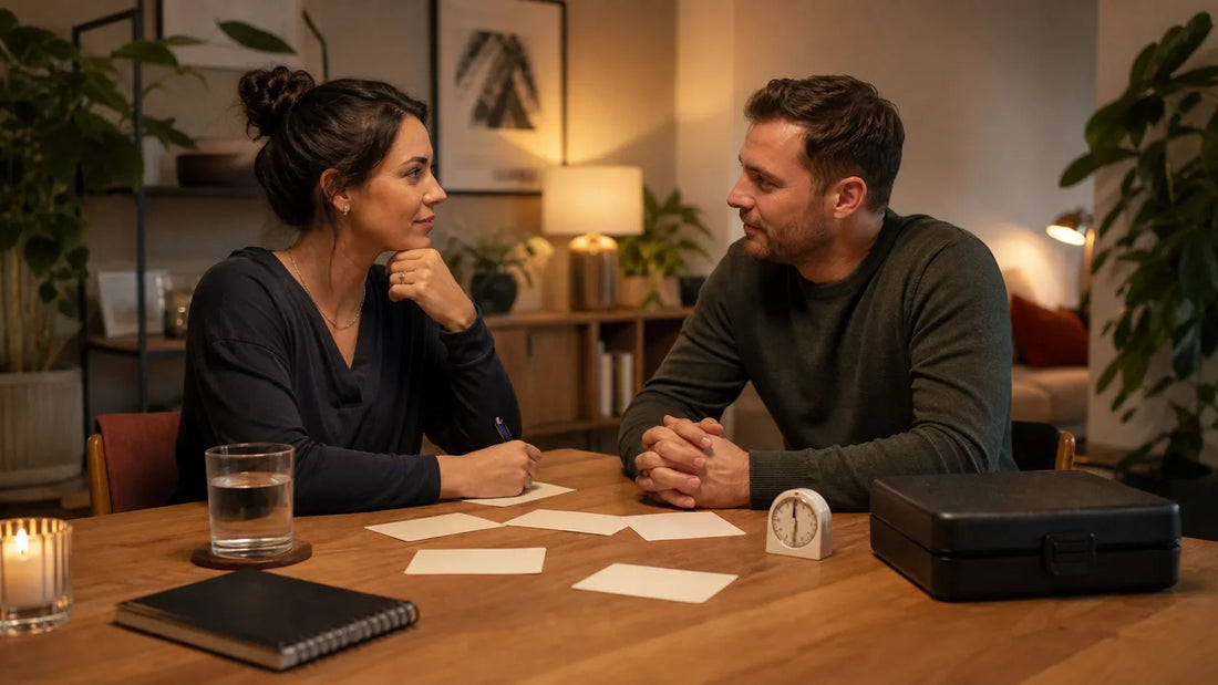 Two fully clothed adults planning a scene at a table with preference cards, water, a timer and a closed equipment case