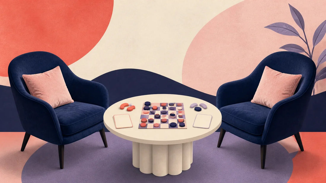 Two empty adult chairs, playful game tokens and blank boundary cards illustrating a balanced brat-and-tamer dynamic