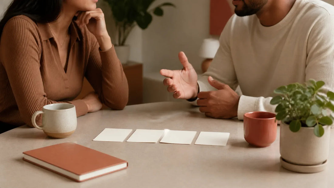 Two fully clothed adults discussing four planning cards at a table