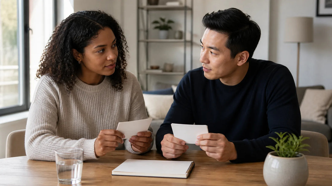 Two fully clothed adult partners discussing blank planning cards beside a closed calendar