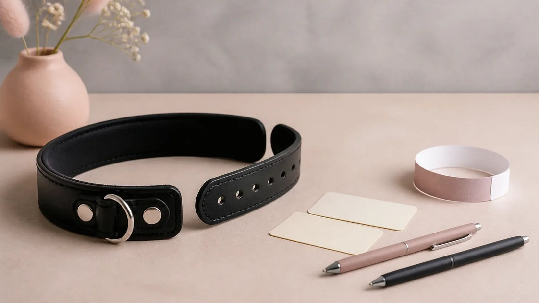 Open black adult collar beside two blank boundary cards and a removable event wristband on a neutral tabletop