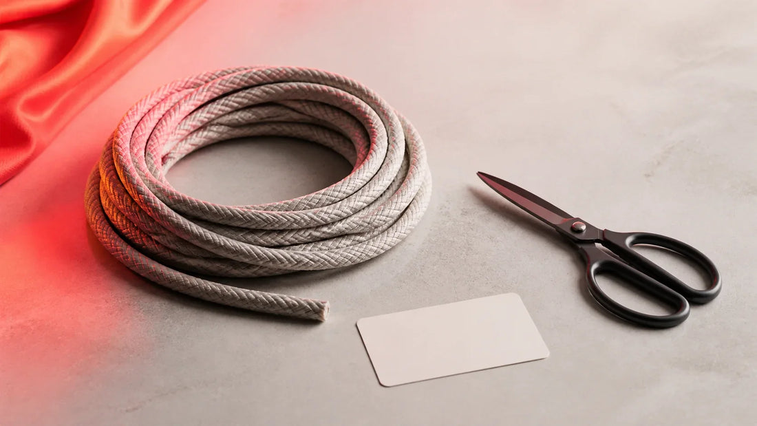 Coiled rope, open black scissors and a blank consent card on a cool neutral surface