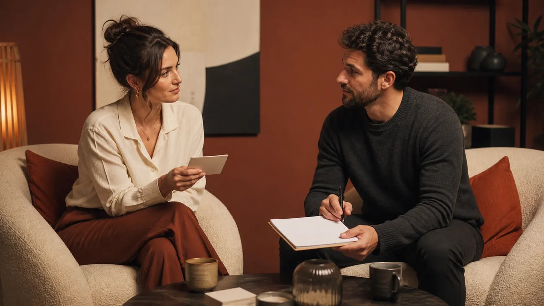 Two fully clothed adults comparing preference cards while planning a shared service-oriented scene