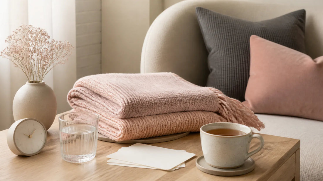 Blanket, water, tea, blank check-in cards and cushions arranged as a calm BDSM aftercare concept