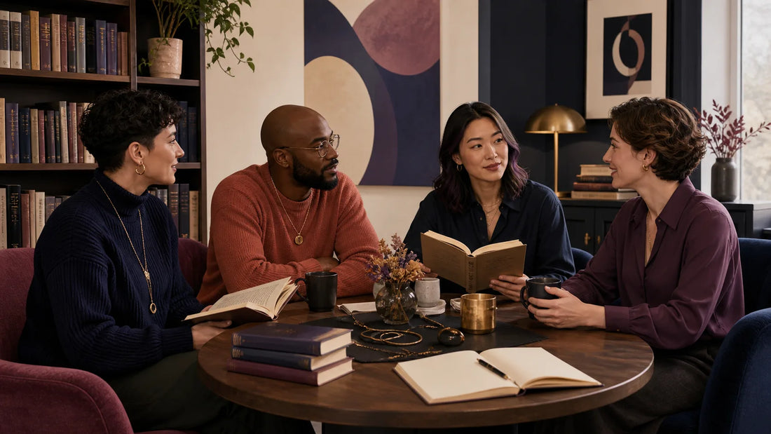 Diverse fully clothed adults sharing books and conversation in a welcoming private community space