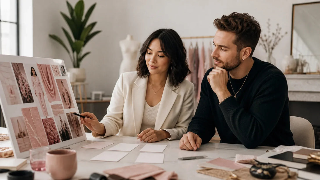 Two fully clothed adults reviewing a pink fashion styling board and written boundary cards in a bright studio