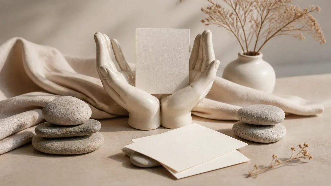 Sculptural hands, soft fabric and blank appreciation cards arranged as a tasteful body-neutral editorial still life