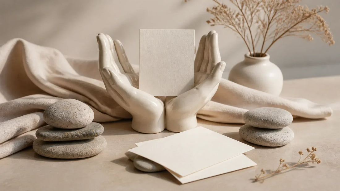 Sculptural hands, soft fabric and blank appreciation cards arranged as a tasteful body-neutral editorial still life