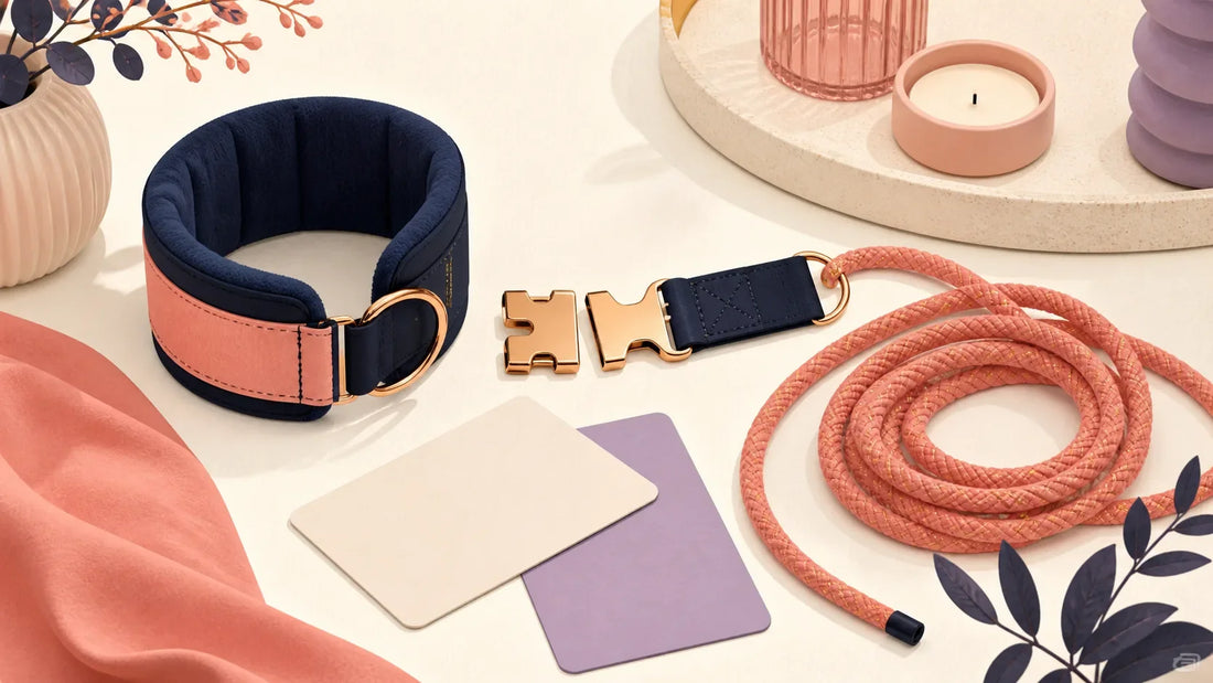 Open padded cuff, loose rope coil, blank consent cards and an open-release clasp on a calm editorial tabletop