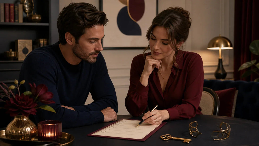Two fully clothed adults reviewing a chastity-kink boundaries checklist beside an unlocked symbolic key