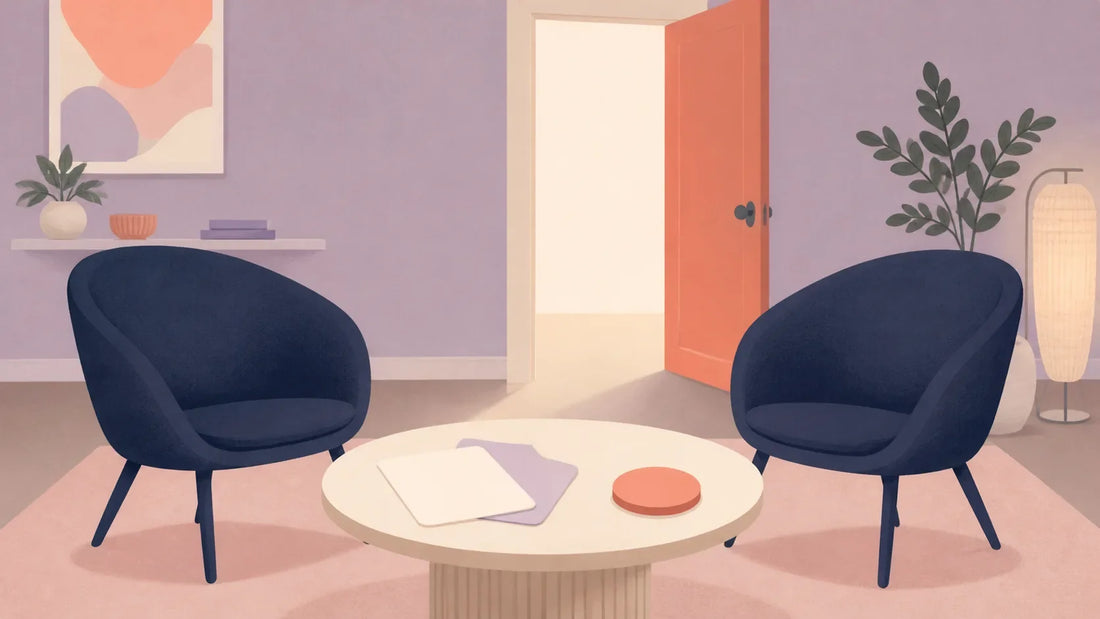 Two empty chairs, blank agreement cards, a removable pause token and an open doorway illustrating consent and choice