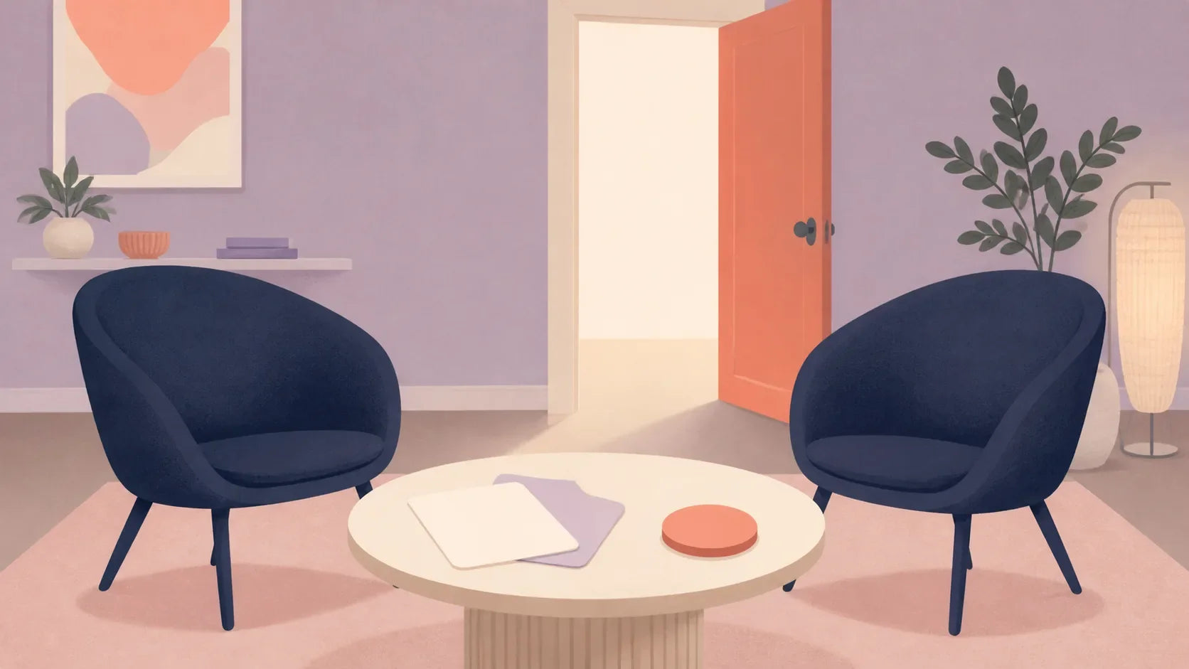 Two empty chairs, blank agreement cards, a removable pause token and an open doorway illustrating consent and choice