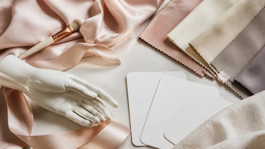Porcelain mannequin hand, pastel fabric swatches and blank character cards arranged as a tasteful adult role-play concept