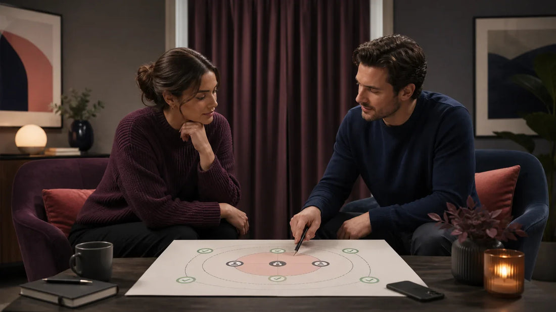 Two fully clothed adults reviewing a consent and privacy boundary map in a private room