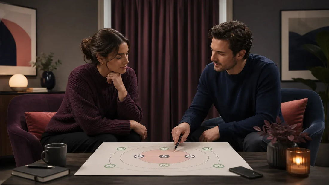 Two fully clothed adults reviewing a consent and privacy boundary map in a private room