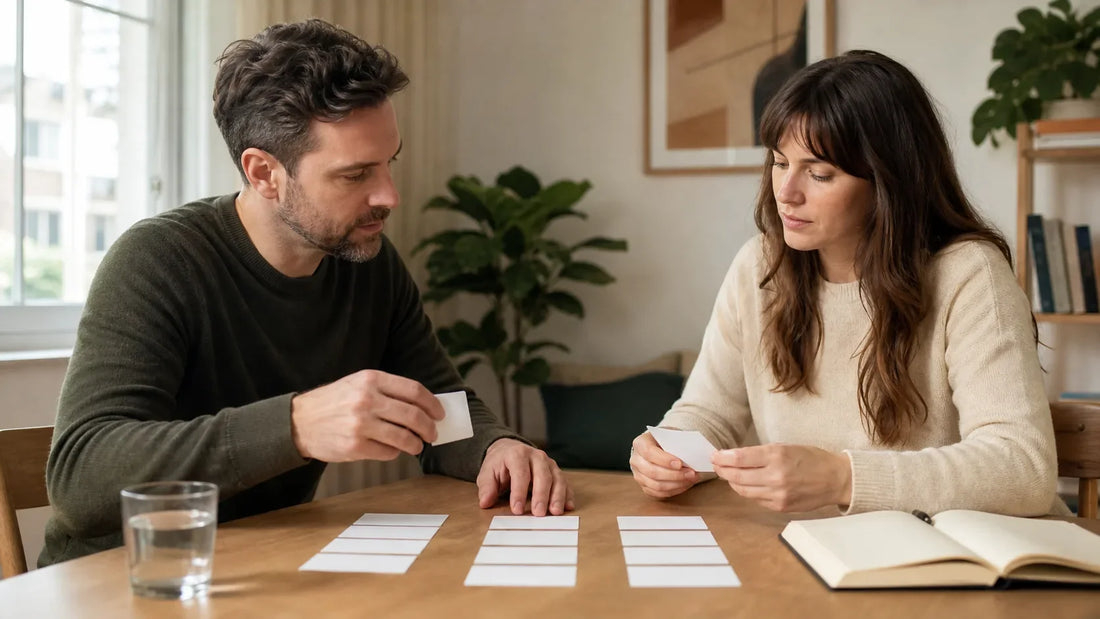 Two fully clothed adults sorting blank language cards into three boundary categories