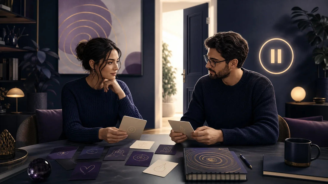 Two fully clothed adults reviewing consent cards for hypnosis-themed roleplay beside an open door