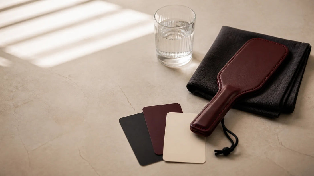 A padded burgundy paddle, water and blank boundary cards arranged on a neutral tabletop