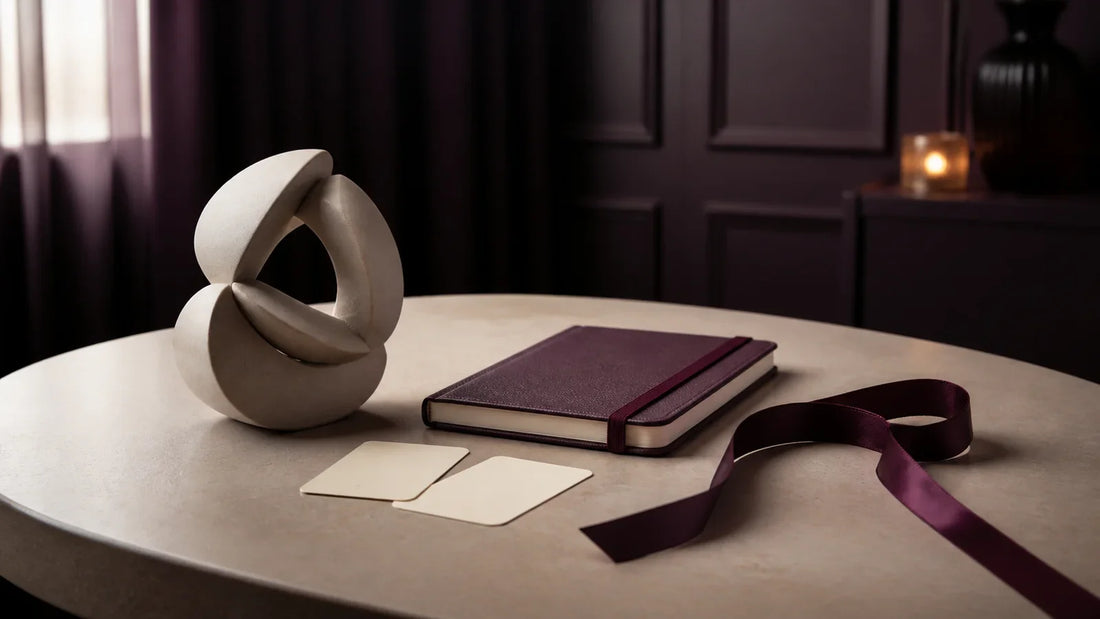 Abstract sculpture, blank consent cards, notebook and ribbon representing negotiated objectification boundaries