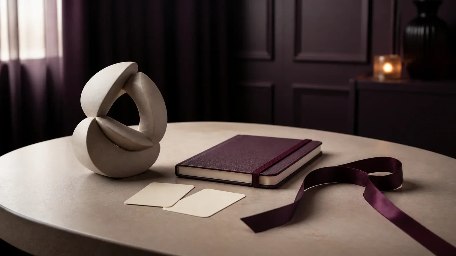 Abstract sculpture, blank consent cards, notebook and ribbon representing negotiated objectification boundaries