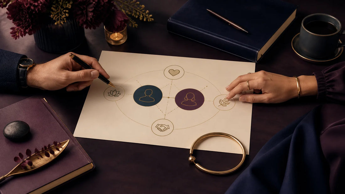 Two fully clothed adults reviewing a symbolic relationship map with an open clasp ring