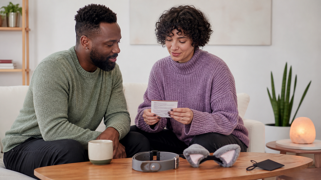 Two fully clothed adults reviewing a boundary card beside optional pet-play accessories on a table
