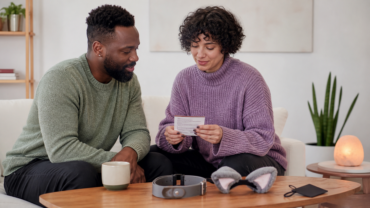 Two fully clothed adults reviewing a boundary card beside optional pet-play accessories on a table