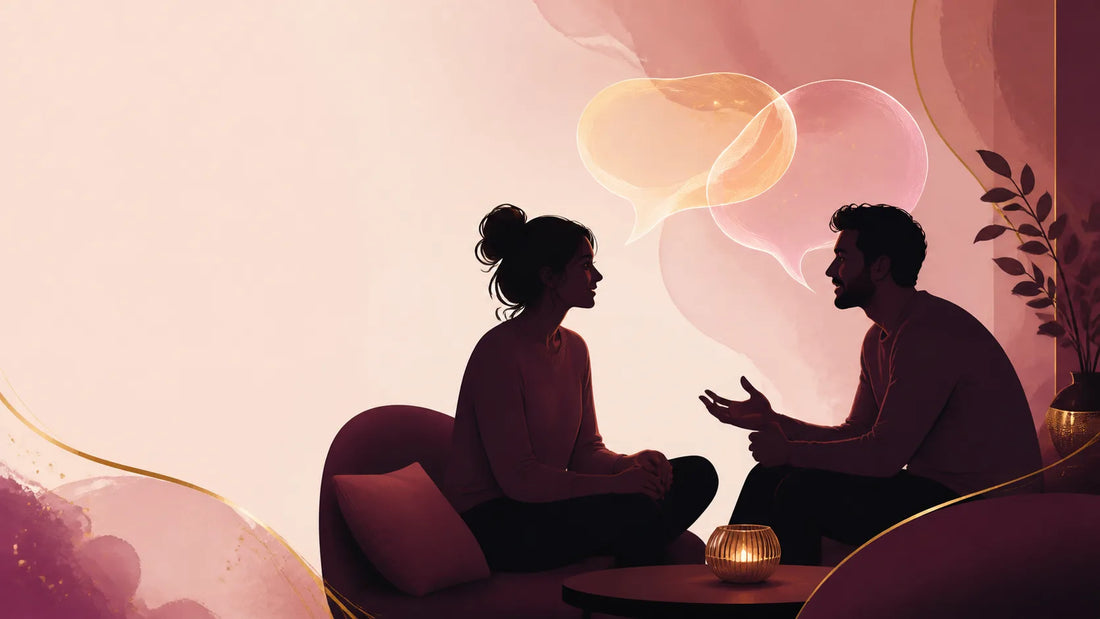 Two fully clothed adults discussing preferences with abstract glowing speech shapes