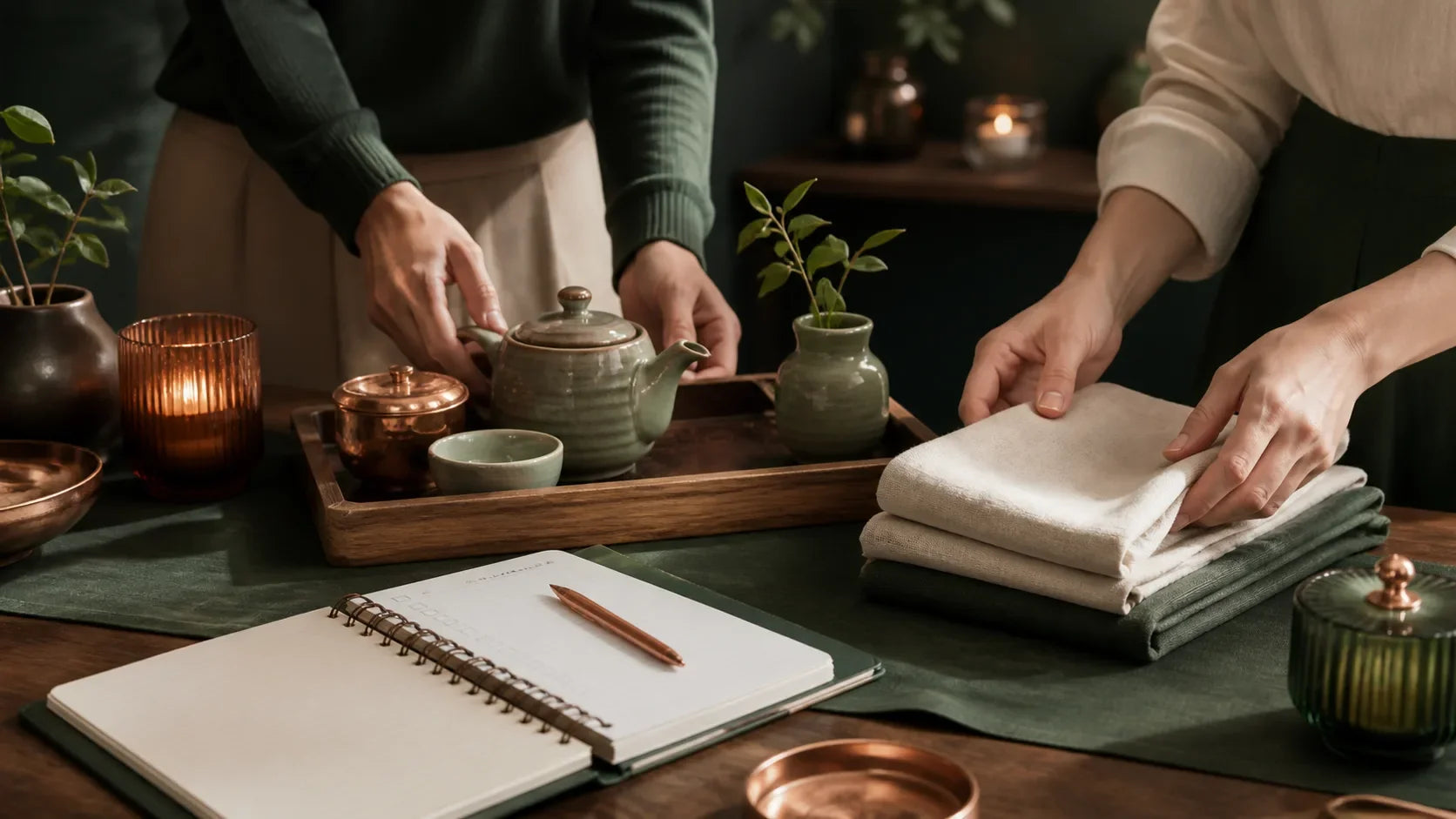Two adults collaboratively arranging a tea tray, linen and planning notebook