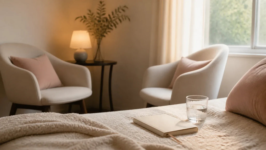 Calm private room with two chairs, blanket, water and a journal for an aftercare check-in