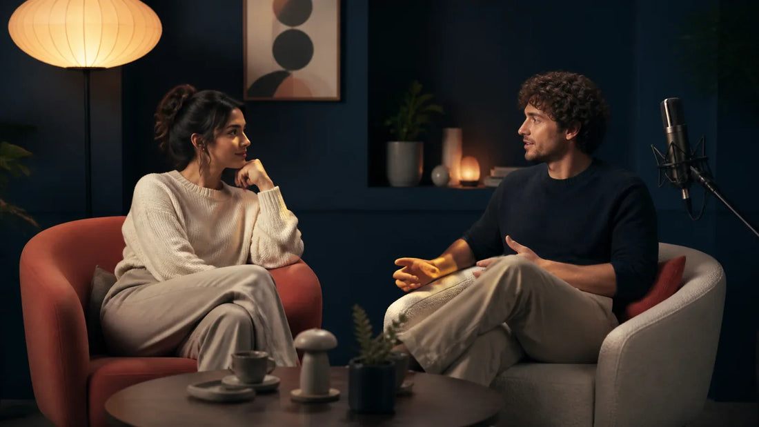 Two fully clothed adults having a mutually attentive conversation near an unused studio microphone