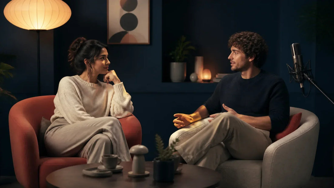 Two fully clothed adults having a mutually attentive conversation near an unused studio microphone