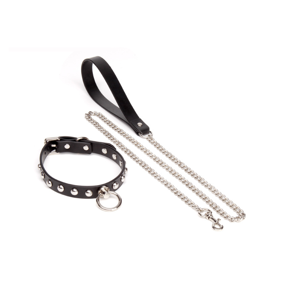 Studded Chain O-Ring Studded Bondage Collar with Leash - product image 1
