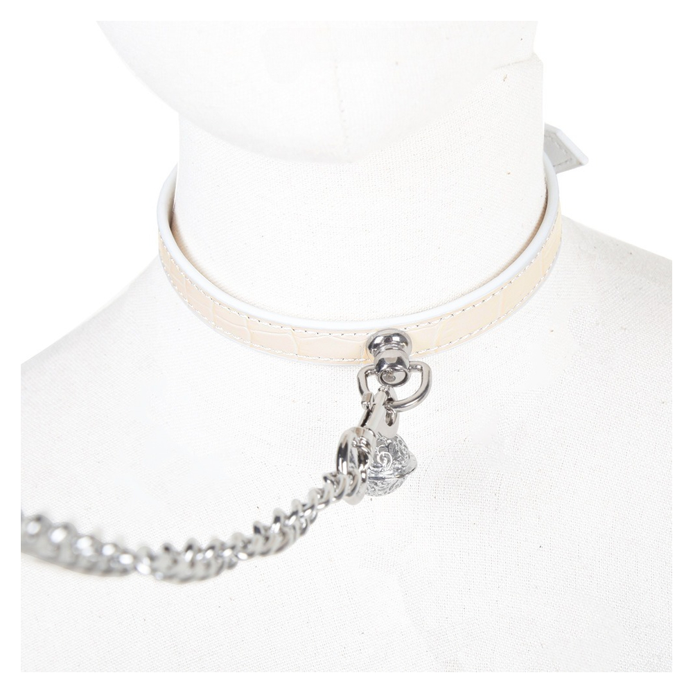 Croc-Embossed Bell Leather BDSM Collar with Leash - product image 3