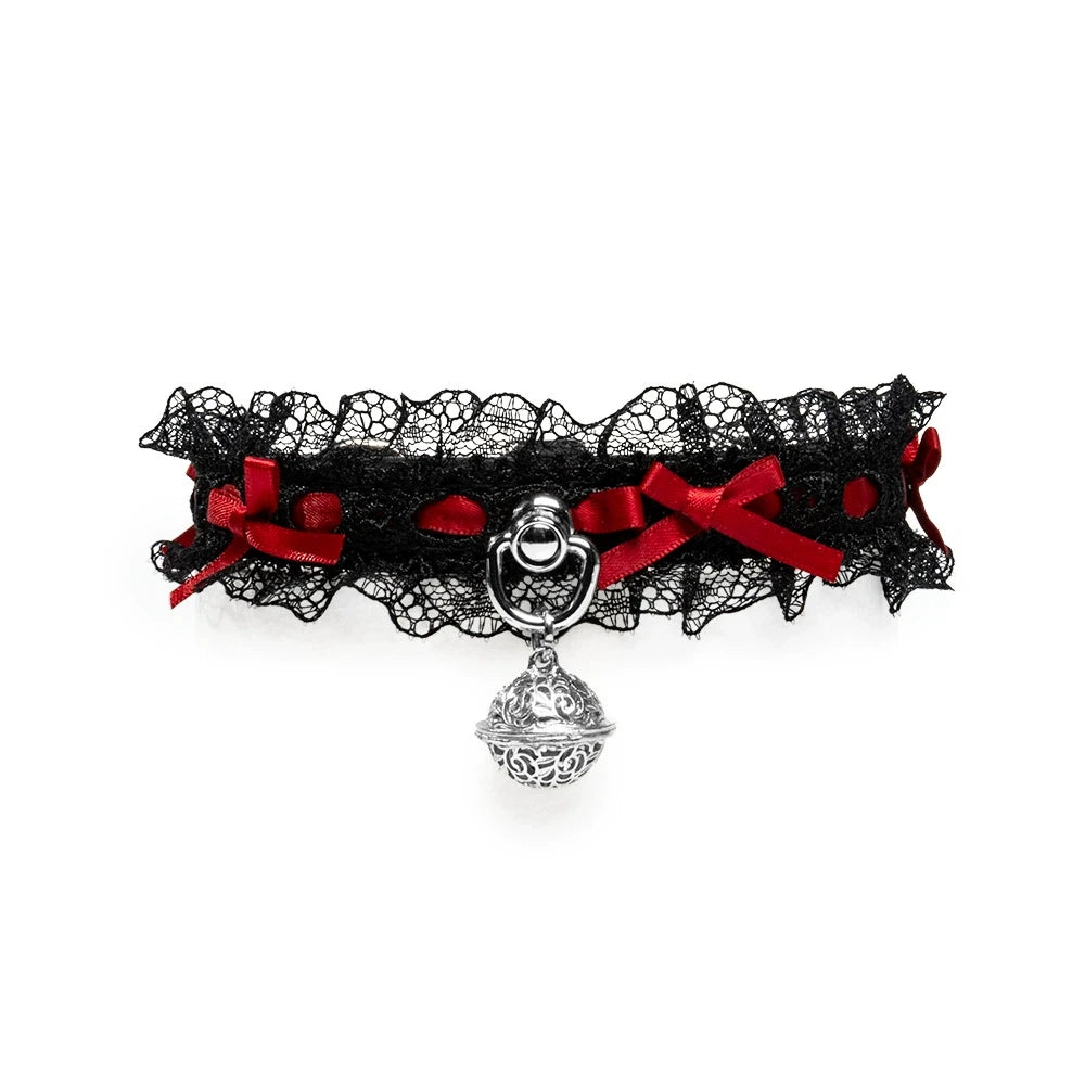 Red lace BDSM collar with bows and bell – front view