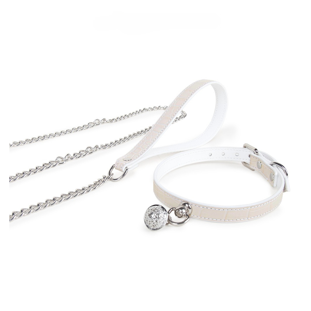 Croc-Embossed Bell Leather BDSM Collar with Leash - product image 5